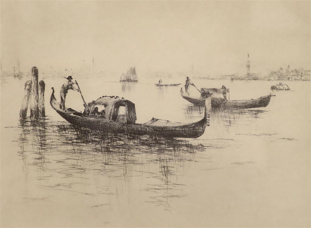 English School, etching, Gondoliers off Venice, indistinctly signed, 33/95, 23 x 30cm and a print by Joy Goldkind